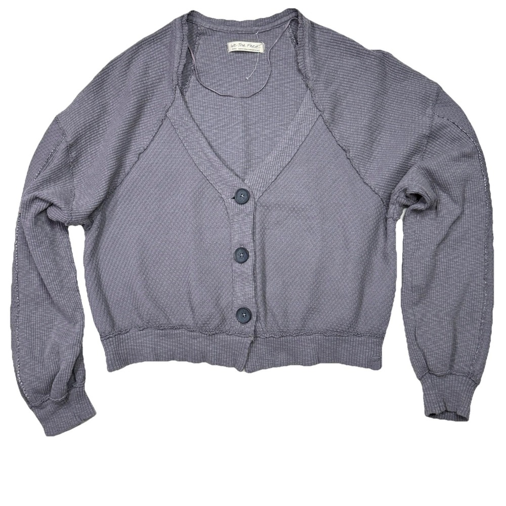 We The Free Shrug It Off Cropped‎ Cardigan Grey Thermal Waffle Knit Button Up S